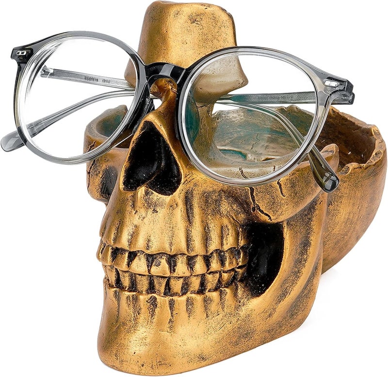 BUNCHBRAVO Skull Glasses Holder with Tray - Gothic Resin Eyeglasses Stand and Sunglasses Organizer for Entryway, Home, Office, Desk, Rustic Gold - Image 1